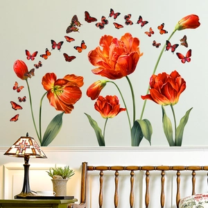 Autocollant Mural Tulipe Papillon PVC Décalcomanie Florale Décorative Pour Salon Chambre Entrée Auto-Adhésif Style Nordique