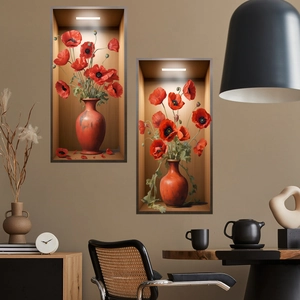 Stickers muraux 3D fleurs de pavot rouges avec cadre décoratif pour salon moderne