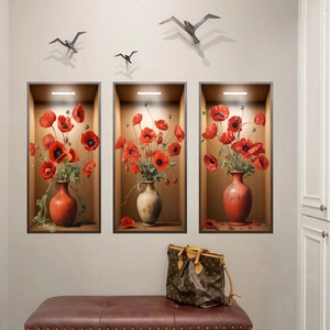 Stickers muraux 3D fleurs de pavot rouges dans des vases pour décoration de salon
