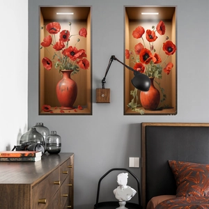Stickers muraux 3D fleurs de coquelicot rouge encadrées pour salon et chambre