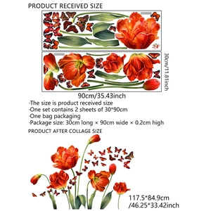 Sticker mural tulipes et papillons pour salon avec fleurs orange vif et décor