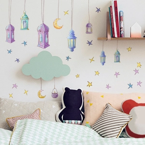 Pastel Ramadan wall stickers featuring colorful lanterns moon and stars for kids room