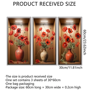 Lot de 3 stickers muraux 3D coquelicots rouges pour décoration murale salon