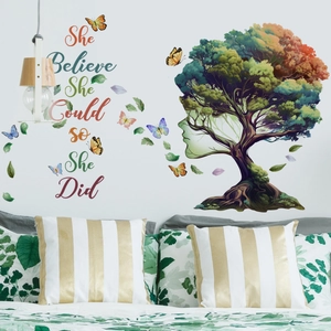 Colorful tree silhouette with woman face profile wall decal and motivational quote