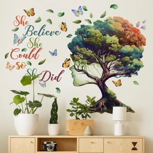 Colorful creative tree wall decal with butterflies and inspirational quote for home decor