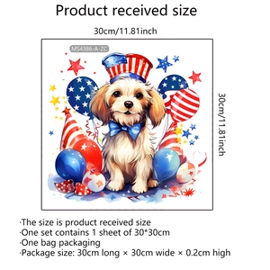 Detail view of patriotic puppy wall sticker with American flag hat and stars size 30x30cm