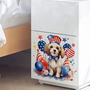 Puppy wall decal with stars and stripes hat applied to a white bedside table in a bedroom
