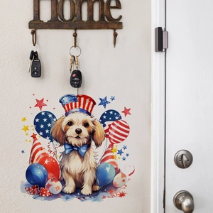 Detail of Independence Day wall sticker featuring a cute dog with star balloons on a home wall