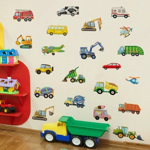 Luminous cartoon vehicle wall stickers set for kids room featuring glowing car decals