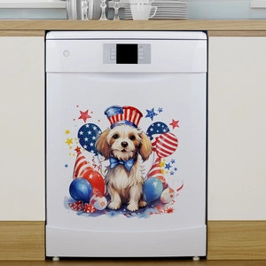 Close-up of a patriotic cartoon dog magnet on a white dishwasher for Independence Day