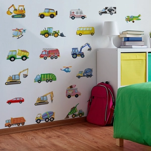 Luminous cartoon construction vehicle wall stickers featuring excavators and trucks for kids