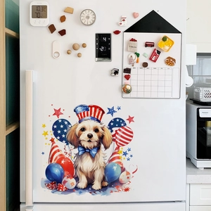 Cartoon dog wall sticker with American flag hat on a white refrigerator surface
