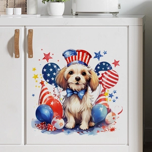 Detailed view of patriotic puppy wall sticker with American flag hat on white kitchen cabinet