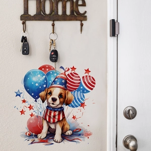 Puppy wall decal with stars and stripes hat on white wall with home key hooks