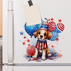 Detail of independence day puppy wall sticker with red and blue stars on a white fridge