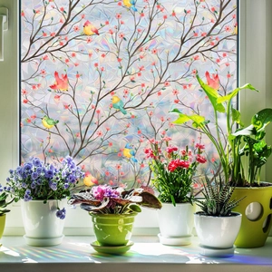 Rainbow bird and flower static window film with colorful prism light effect for privacy