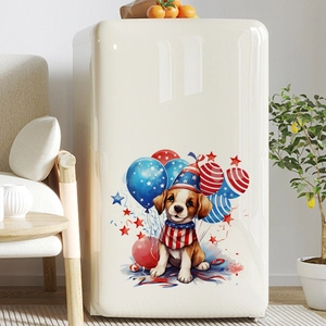 Detail of cute puppy wall sticker with patriotic balloons on a vintage fridge
