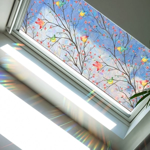 Rainbow effect static window film featuring colorful birds on cherry blossom branches