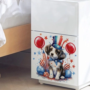 Cartoon patriotic dog wall decal with stars and balloons applied on white furniture surface