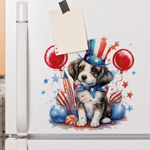 Detail of Independence Day puppy decal with festive balloons and stars on white fridge
