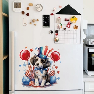 Detail of cartoon dog wall sticker with patriotic hat on a white refrigerator door