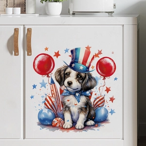 Close-up of Independence Day puppy wall sticker on white cabinet with festive star decor