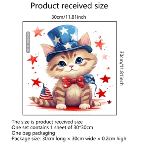 Detailed view of patriotic cartoon cat wall sticker with blue star hat and 30x30cm size info