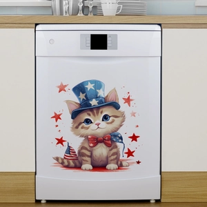 Cartoon kitten in USA flag hat sticker on a white dishwasher for kitchen decor
