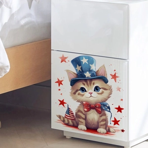 Cartoon cat wall sticker with Uncle Sam hat and stars applied on a white cabinet