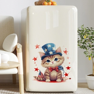Cartoon cat with American flag top hat sticker on a retro cream refrigerator
