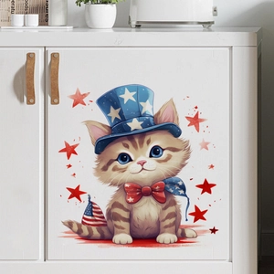 Detailed view of Independence Day cat wall sticker with blue star hat on white cabinet