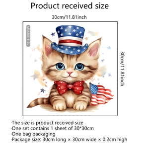 Detailed dimensions of 30x30cm cartoon cat wall decal with Independence Day hat