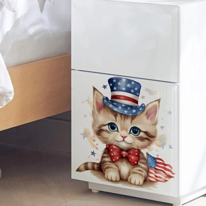 Cartoon patriotic cat wall sticker featuring a star-spangled hat on a white cabinet