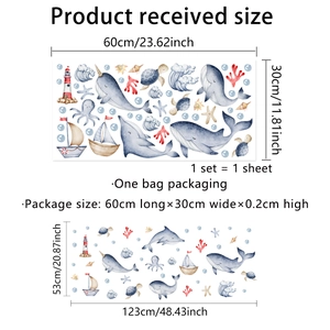 Detailed size guide for ocean animal wall stickers featuring whales and dolphins