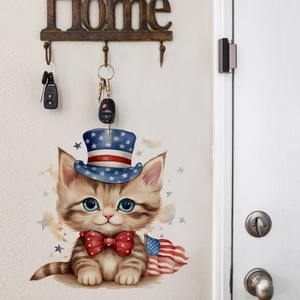 Cartoon patriotic cat wall sticker featuring a kitten with top hat and US flag elements