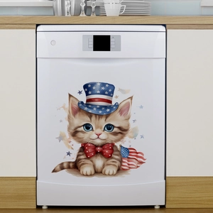 Close-up of patriotic cat decal on a white dishwasher in a bright kitchen scene