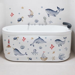 Watercolor ocean wall decals with lighthouse and whale above a modern white bathtub