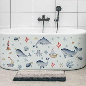 Lighthouse and sea animals waterproof wall stickers set for children bathroom decor