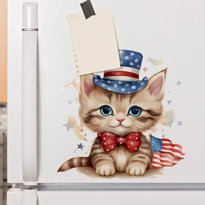 Cartoon patriotic cat refrigerator magnet with American flag hat and bow tie decor