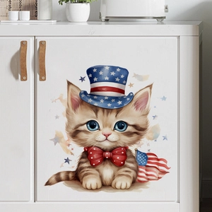 Detail of a cute kitten wall sticker with American flag top hat and colorful stars decoration