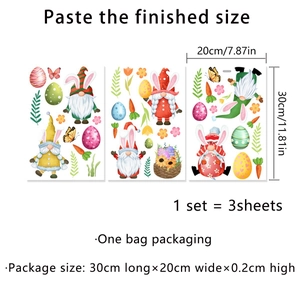 Three-sheet Easter gnome and egg wall sticker set with clear dimensions and packaging info