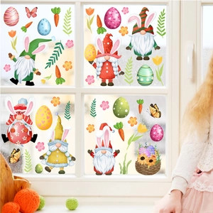 Vibrant Easter window clings with gnomes and colorful eggs for home glass decoration