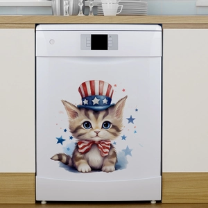 Close-up of dishwasher sticker featuring a cute cat in Patriotic American flag hat and bowtie