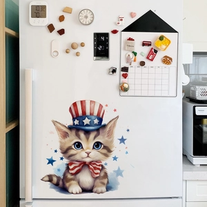 Cartoon patriotic cat wall sticker with stars and stripes hat on a white fridge