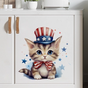 Detail of watercolor cat sticker with Independence Day hat on white kitchen cabinet