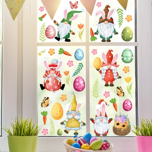 Easter Window Clings Gnomes Rabbit Colorful Eggs Static Stickers PVC Double Sided Visible Glass Holiday Decor