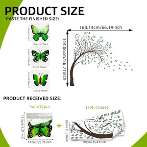 Large DIY tree and butterfly wall sticker set showing finished and layout dimensions