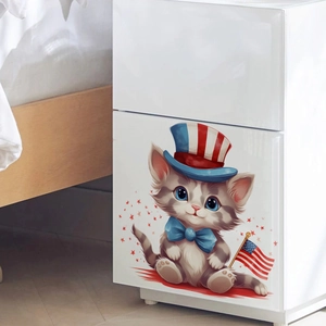Detail of a white modern nightstand featuring a cartoon cat with patriotic American hat and flag