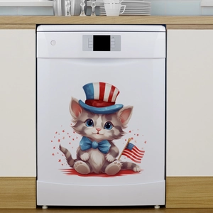 Detailed view of patriotic cartoon cat decal with US flag and stars on a white dishwasher