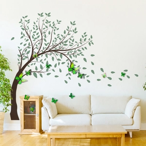 Minimalist green leaf tree wall stickers with butterflies for living room wall decor